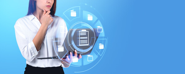 Poster - businesswoman using document management system hologram, business contract
