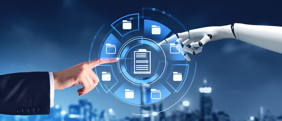 Poster - man and robot finger touch document management system hologram, city skyline
