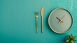 Concept of intermittent fasting, showing an empty plate and a clock. The practice of eating within specific time frames to promote better health and weight management.
