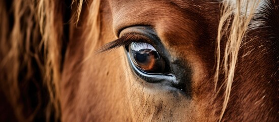 Canvas Print - A closeup of a sorrel horses eye with long eyelashes and wrinkles around its fawncolored snout, a beautiful feature of this terrestrial working animal