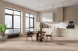 © ImageFlow - Beige home kitchen interior with eating and cooking space, panoramic window
