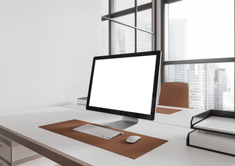 Poster - White coworking interior with pc computer on table with mockup display, window