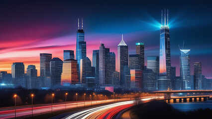 Wall Mural - A city skyline at night with a bright light shining on the buildings