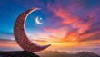 a stunning Eid al-Fitr card design featuring a crescent moon on a backdrop of a colorful sunset sky. The vibrant hues of the sky symbolize the joy and blessings of the occasion, making it an ideal cho