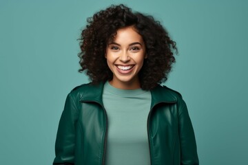 Poster - Smiling Woman in Green Leather Jacket