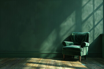 Wall Mural - Dark green empty room with blank wall and chair with space for text or inscriptions with shadows from the window
