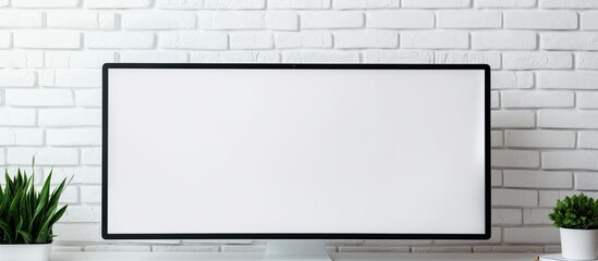 Poster - A rectangle display device is placed on a desk in front of a white brick wall. The monitor squares off the parallel lines, creating a modern look