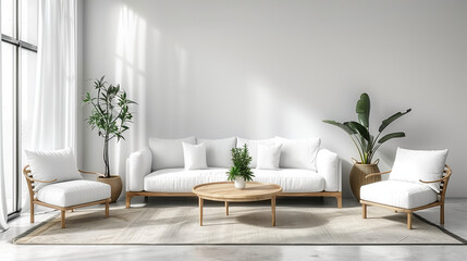 Wall Mural - White sofa with a plaid and a picture in a White living room interior, White sofa and armchairs in Scandinavian style home interior design of modern living room