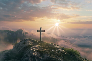 The cross standing on mountain at sunrise