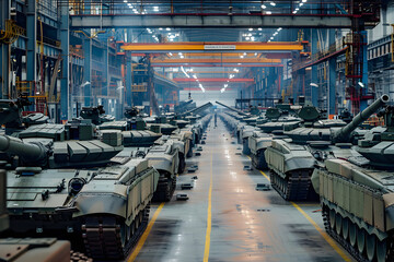 Poster - military tanks in production line at an armament factory.