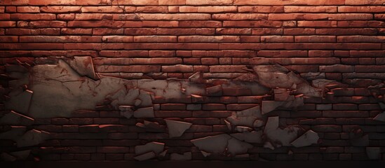 Poster - A closeup of a brown brick wall showcasing the intricate brickwork pattern. The rectangular bricks are beautifully stacked against the dark backdrop, resembling an art piece in the urban landscape