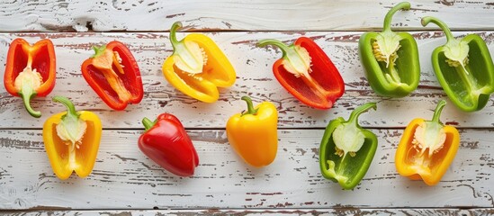 Wall Mural - A variety of colorful peppers are displayed on a rectangular wooden table. These natural foods can be used as ingredients in a delicious vegetable dish or recipe
