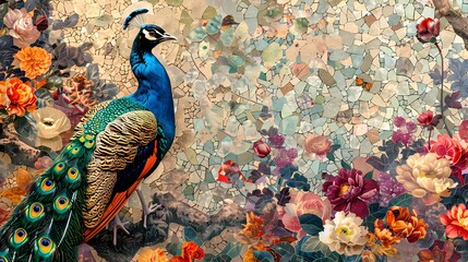 Luxury Chinoiserie painting of peacock vintage floral pattern background,  for home decor, wall art, digital art print, wallpaper, background