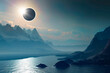 incredible blue Solar Eclipse over the sea and mountains