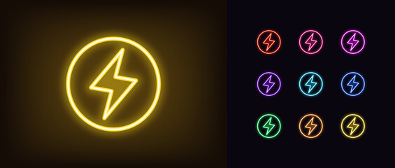 Wall Mural - Outline neon lightning icon set. Glowing neon electric lightning sign with circle frame. Electric vehicle, round lightning logo, battery charge station, electric energy and power charging. Vector icon