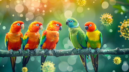 Canvas Print - Colorful parrots on branch with viral particles, bokeh background.