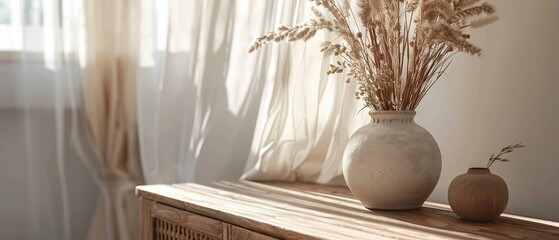Aufkleber - Minimalist home decor with textured vases and dried flowers in soothing natural light