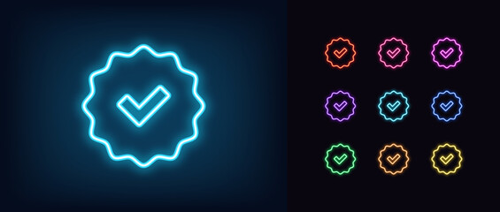 Poster - Outline neon Verified badge icon set. Glowing neon blue tick sign, approved checkmark. Verified user in social media, certified and original account, confirmed profile, verification mark. Vector icons