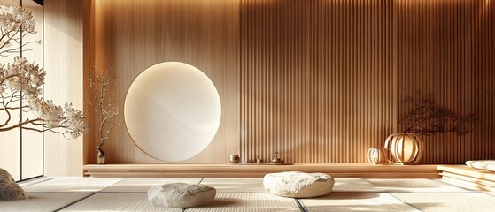 Poster - Minimalist zen-inspired interior with elegant 3D rendered elements and warm light