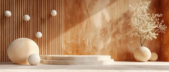 Poster - Minimalist zen-inspired interior with elegant 3D rendered elements and warm light