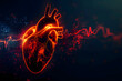 Digital illustration of a glowing heart with pulse line on a dark background,