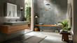 A contemporary bathroom with gray tile walls, a floating vanity, and a walk-in shower with a built-in bench