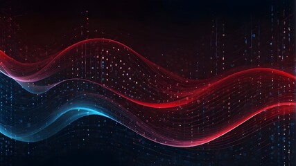 Wall Mural - This abstract colorful wave background features digital light blue and light red particles, a confetti-like pattern of dots, and a dark orange color scheme. It may be used for creating red and blue wa