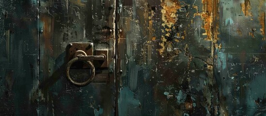 Wall Mural - A detailed shot of a rusty metal door with a weathered ring on it, set against a building facade in the city. The worn wood and metal create a unique art piece in the darkness