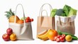 Three bags of fruit and vegetables are displayed on a white background. The bags are brown and white, and the fruits and vegetables inside are apples, oranges. Eco-friendly dishes.