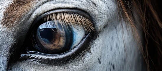 Wall Mural - A closeup of a horses eye showcasing its long eyelashes, grey iris, and a blue pupil. The intricate details of the wrinkled skin and woodlike texture are captured in stunning macro photography