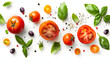 © john - Collection of fresh organic tomatoes and basil herb leaves. mediterranean salad with basil herbs and tomato on a white table. PNG Food background design element with real transparent shadow on transpa