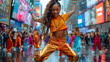 Dancing in the streets of New York. Cheerful woman dancing modern dance with group of colleagues	
