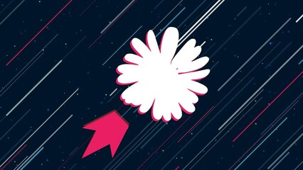 Poster - Chamomile flower flies through the universe on a jet propulsion. The symbol in the center is shaking due to high speed. Seamless looped 4k animation on dark blue background with stars