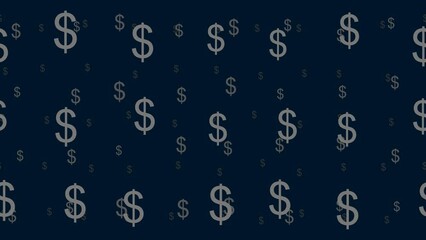 Poster - Dollar symbols float horizontally from left to right. Parallax fly effect. Floating symbols are located randomly. Seamless looped 4k animation on dark blue background