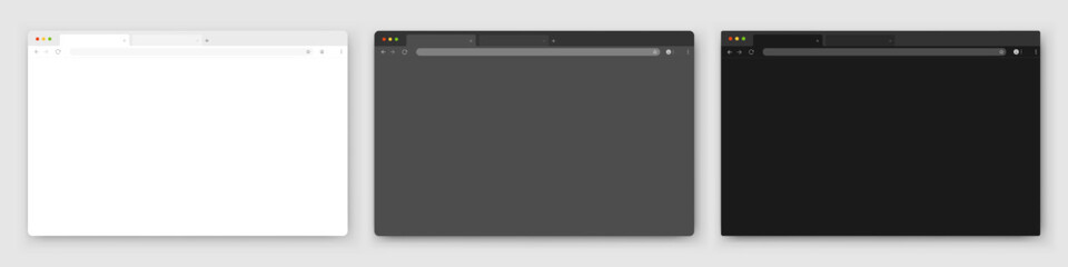 Fototapete - Browser windows. A set of realistic empty browser windows in white, gray and black with a toolbar, search bar and shadow on a light background. Vector EPS 10.