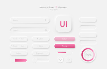 Fototapete - Collection of user interface elements for a mobile application. Set of icons for user interface development in white and pink. Buttons for mobile devices in the style of neumorphism, UX. EPS 10 vector