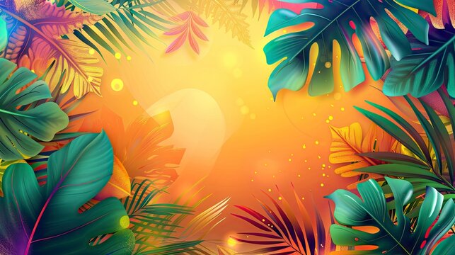 Colorful summer background with abstract illustration with jungle exotic leaves