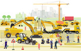 Fototapeta Miasto - Handwerker und Bauarbeiter auf der Grossbaustelle,  illustration
