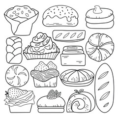 Wall Mural - Hand drawn bakery and dessert food collection on white background for cafe or restaurant decoration. Vector illustration in doodle art style