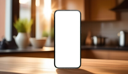 Poster - Mobile phone screen mockup. Blank smartphone display mock up on wooden kitchen counter