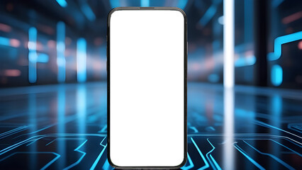 Poster - Mobile phone screen mockup. Blank smartphone display mock up. Futuristic neon background