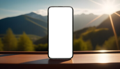 Poster - Mobile phone screen mockup. Blank smartphone display mock up. Mountains and sun on background