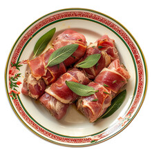 front view of Saltimbocca alla Romana with tender veal medallions wrapped in prosciutto and sage, pan-seared to perfection isolated on a white transparent background