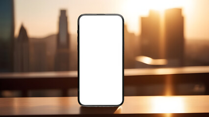 Poster - Mobile phone screen mockup. Blank smartphone display mock up, urban background, city with skyscraper