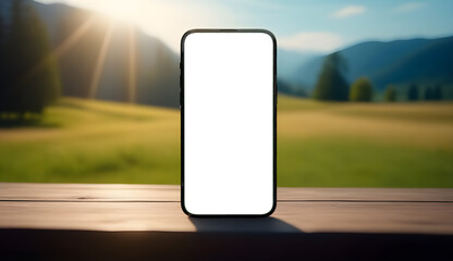 Poster - Mobile phone screen mockup. Blank smartphone display mock up. Nature, field banner background