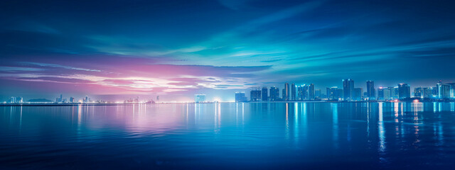 Wall Mural - A city skyline is reflected in the water