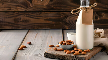 Almond milk in bottle with label and almond nuts on rustic wooden table. Lactose free dairy products concept