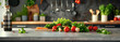 food cooking concept, front view on fresh vegetables standing on wooden countertop