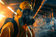 Hazardous material handler in protective gear amidst smoke.