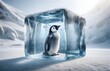 a penguin inside a large ice cube